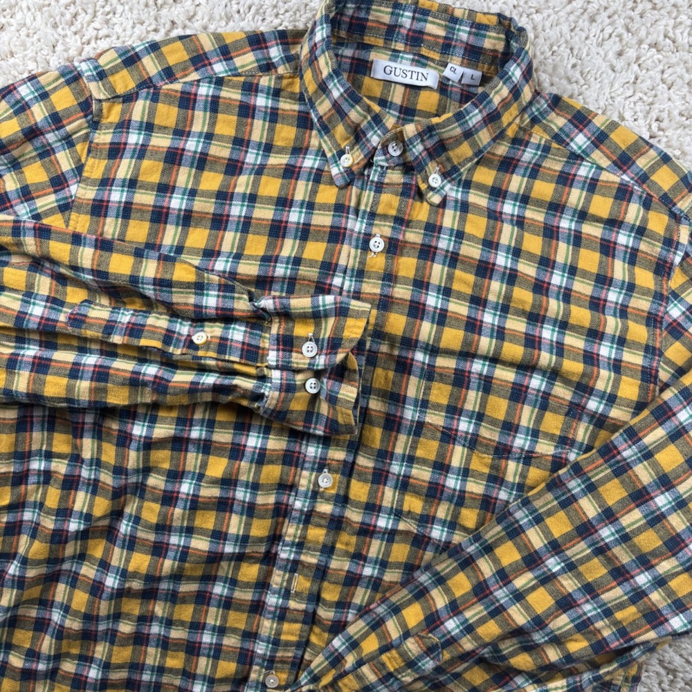 Gustin Mens Flannel Shirt Large Yellow Plaid Button Down USA Cotton Outdoorsy